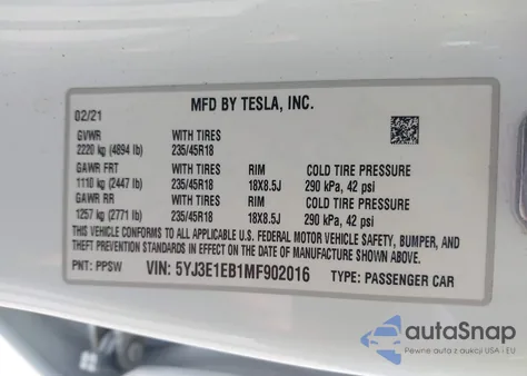 2021 Tesla Model 3 Long Range Dual Motor All-Wheel Drive from USA, damaged, VIN 5YJ3E1EB1MF902016